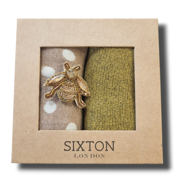 Chaussettes Porto et Tokyo olive avec broche en forme d'abeille or