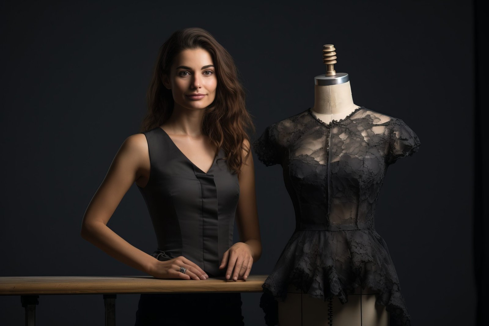 A woman stands in front of a mannequin wearing a black dress Baskets blanches à plateforme avec détail nœud