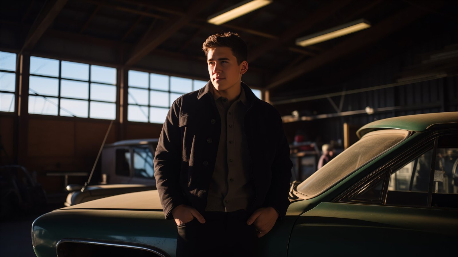 A man standing beside a vintage car in a garage, showcasing the classic charm of the automobile. Generative AI Basket Forgaty Ducati